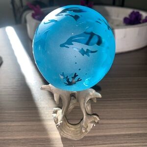 Vintage Glass Baron Blue Dolphins Paperweight w/ Pewter Stand